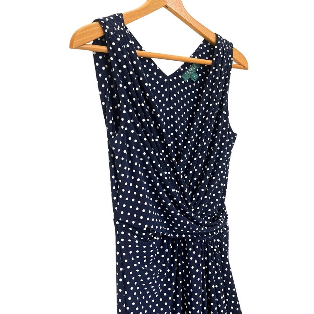 Lauren Ralph Lauren Polka Dot Wrap Dress Sz 8 Women’s V Neck Stretch Navy White